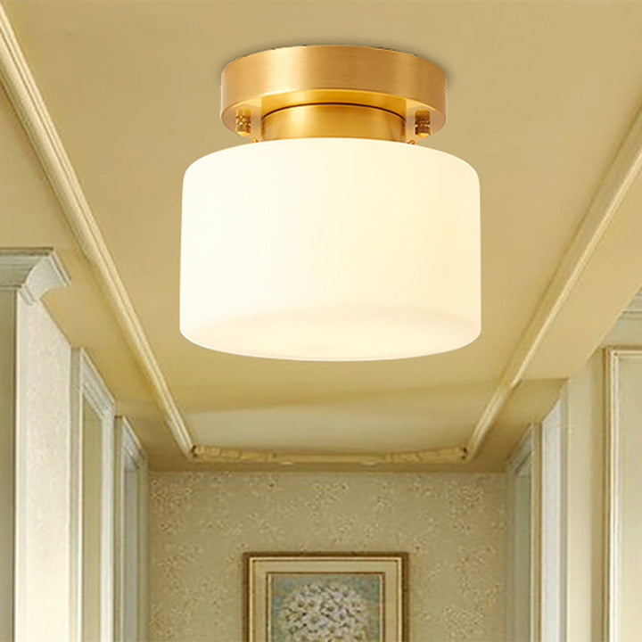 Traditionelle chinesische Messing zylindrische quadratische 1-Licht Semi-Flush-Montage Deckenleuchte für Wohnzimmer 
