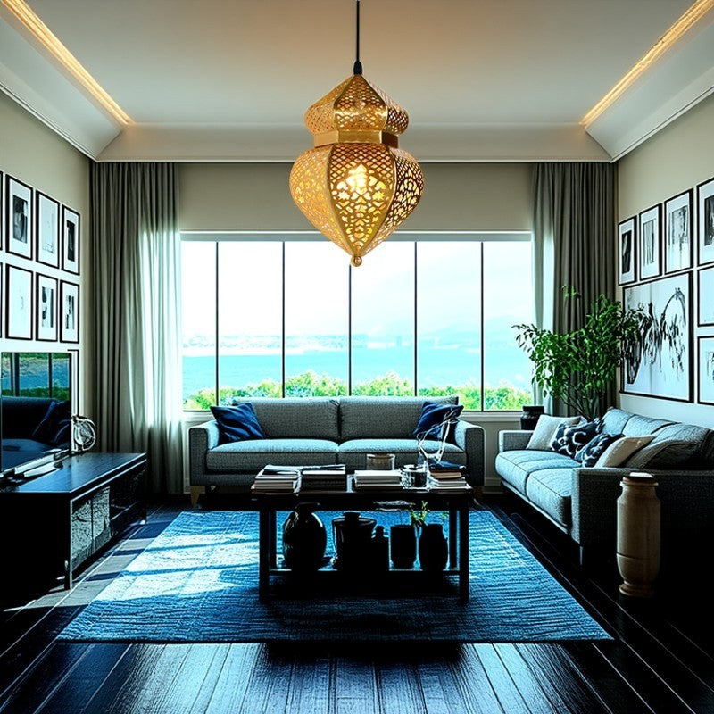 Moderne Art-Deco-Eisen-Hohl geschnitzte Ofenförmige 1-Licht Pendelleuchte für Wohnzimmer 