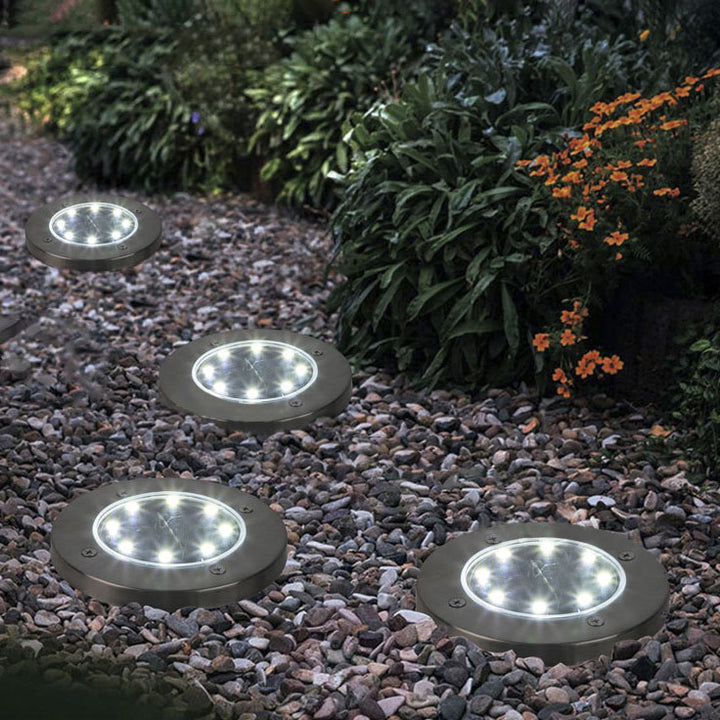 ضوء LED شمسي خارجي دائري من الفولاذ المقاوم للصدأ والبلاستيك بتصميم حديث وبسيط للحديقة 