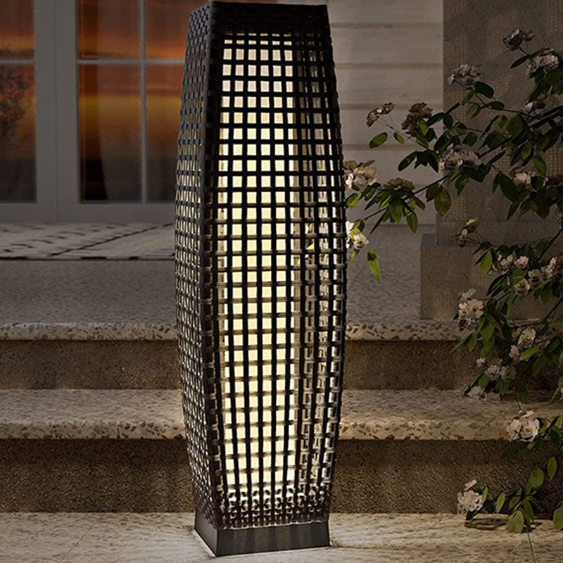 Modern Art Deco Outdoor Solar Column Hollow Projection PE Faux Rattan Hardware LED Standing Floor Lamp For Garden