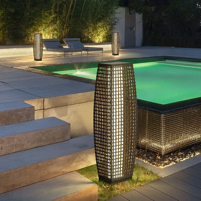 Modern Art Deco Outdoor Solar Column Hollow Projection PE Faux Rattan Hardware LED Standing Floor Lamp For Garden