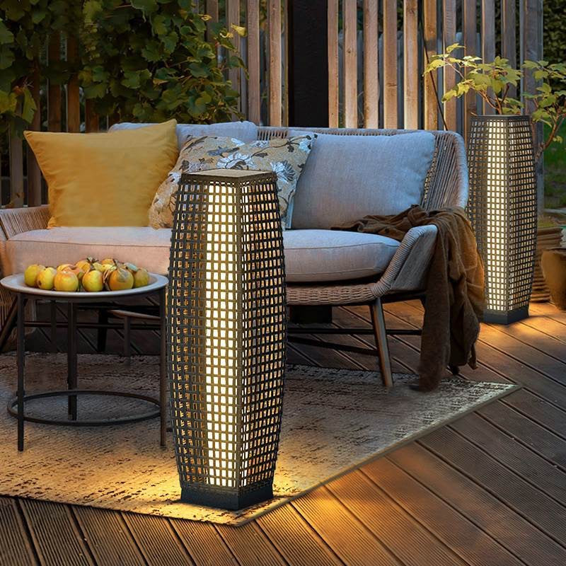 Modern Art Deco Outdoor Solar Column Hollow Projection PE Faux Rattan Hardware LED Standing Floor Lamp For Garden