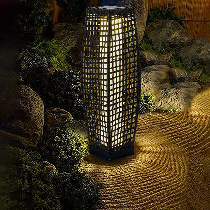 Modern Art Deco Outdoor Solar Column Hollow Projection PE Faux Rattan Hardware LED Standing Floor Lamp For Garden
