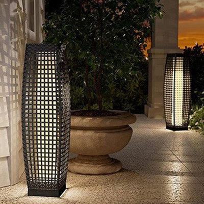 Modern Art Deco Outdoor Solar Column Hollow Projection PE Faux Rattan Hardware LED Standing Floor Lamp For Garden