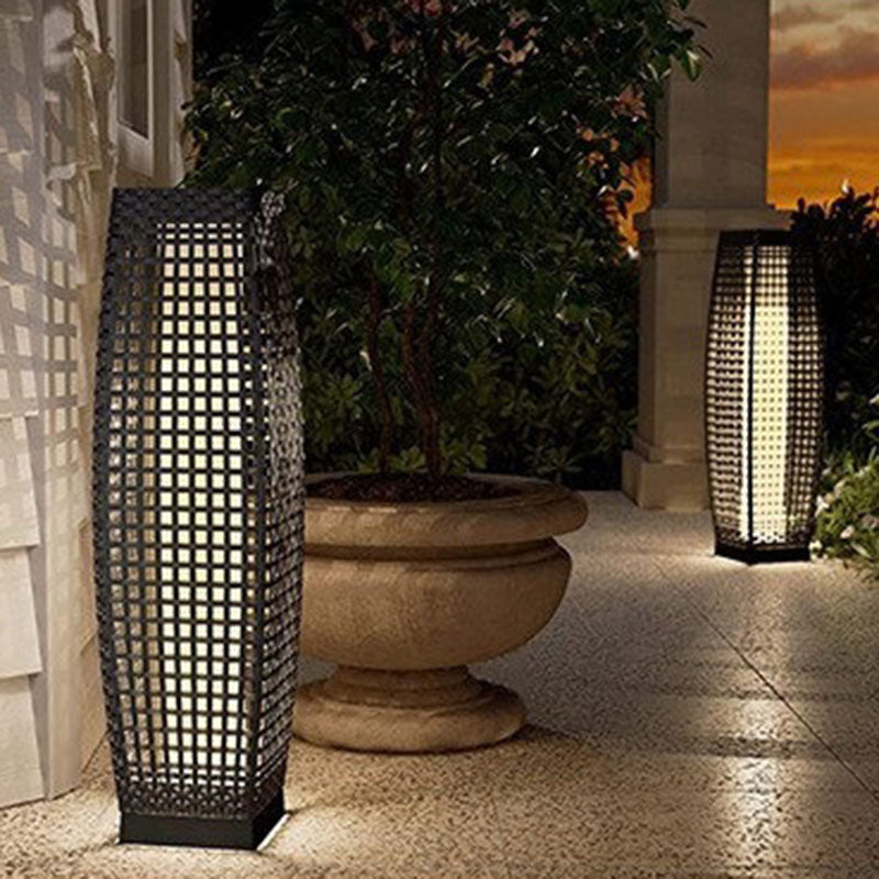Modern Art Deco Outdoor Solar Column Hollow Projection PE Faux Rattan Hardware LED Standing Floor Lamp For Garden