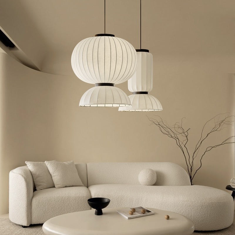Traditional Japanese Semicircular Spherical Cylinder Iron Silk 2-Light Pendant Light For Living Room