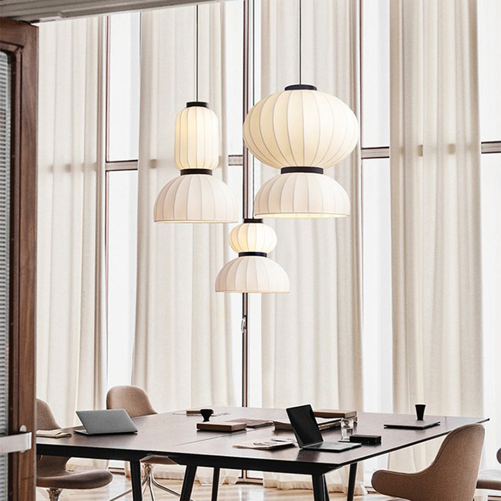 Traditional Japanese Semicircular Spherical Cylinder Iron Silk 2-Light Pendant Light For Living Room