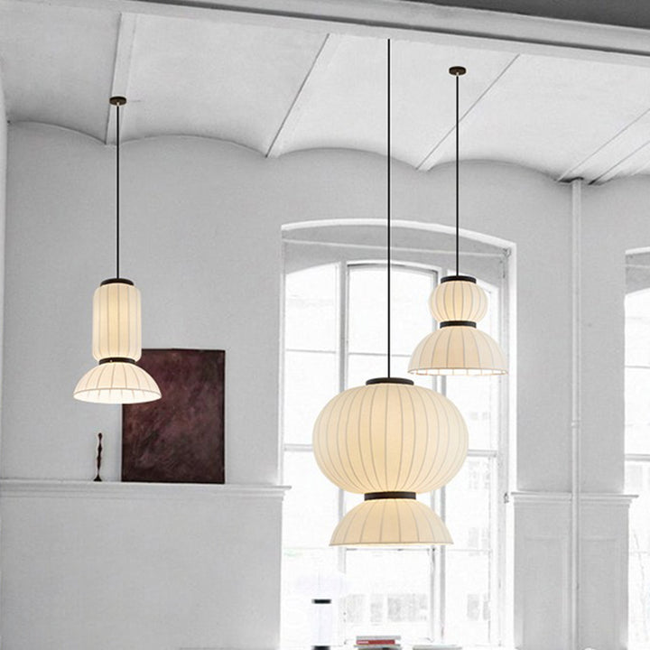 Traditional Japanese Semicircular Spherical Cylinder Iron Silk 2-Light Pendant Light For Living Room