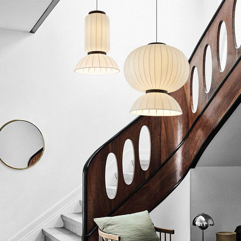 Traditional Japanese Semicircular Spherical Cylinder Iron Silk 2-Light Pendant Light For Living Room