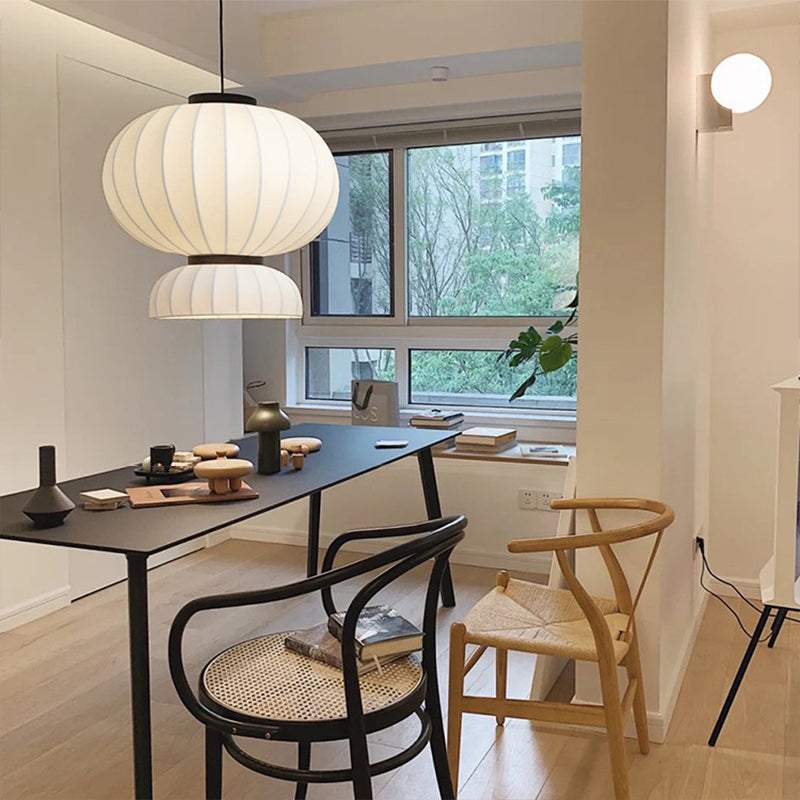 Traditional Japanese Semicircular Spherical Cylinder Iron Silk 2-Light Pendant Light For Living Room