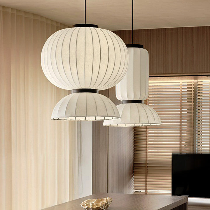 Traditional Japanese Semicircular Spherical Cylinder Iron Silk 2-Light Pendant Light For Living Room