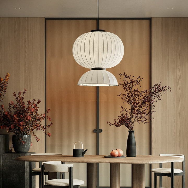 Traditional Japanese Semicircular Spherical Cylinder Iron Silk 2-Light Pendant Light For Living Room