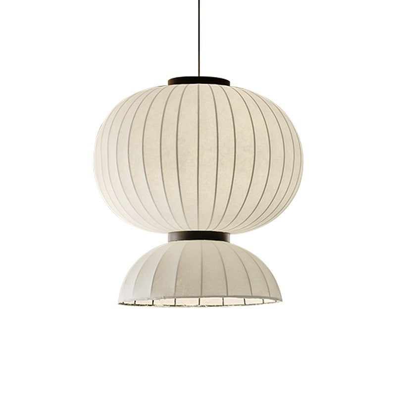 Traditional Japanese Semicircular Spherical Cylinder Iron Silk 2-Light Pendant Light For Living Room
