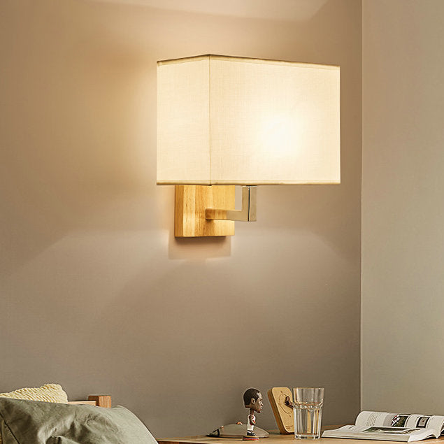 Modern Minimalist Iron Wood Fabric Rectangular 1-Light Wall Sconce Lamp For Bedroom