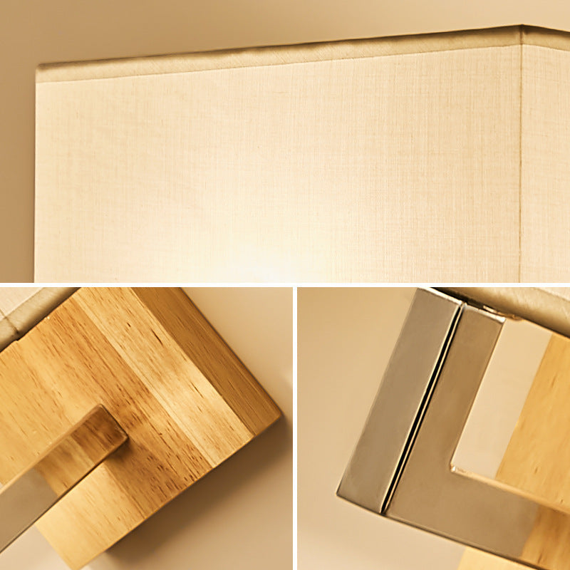 Modern Minimalist Iron Wood Fabric Rectangular 1-Light Wall Sconce Lamp For Bedroom