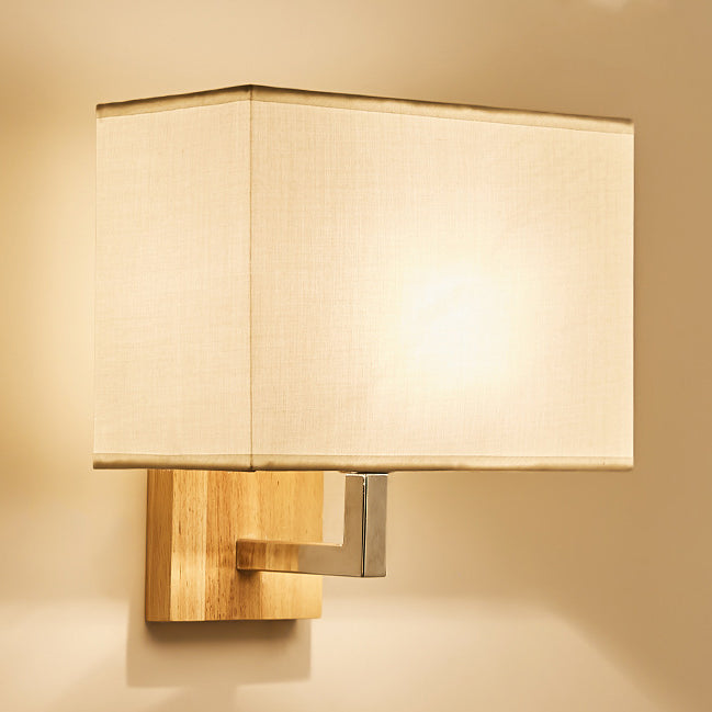 Modern Minimalist Iron Wood Fabric Rectangular 1-Light Wall Sconce Lamp For Bedroom