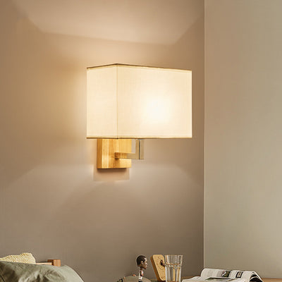 Modern Minimalist Iron Wood Fabric Rectangular 1-Light Wall Sconce Lamp For Bedroom