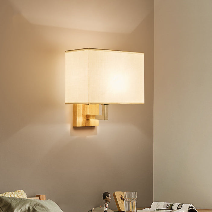 Modern Minimalist Iron Wood Fabric Rectangular 1-Light Wall Sconce Lamp For Bedroom