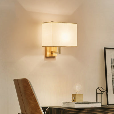 Modern Minimalist Iron Wood Fabric Rectangular 1-Light Wall Sconce Lamp For Bedroom
