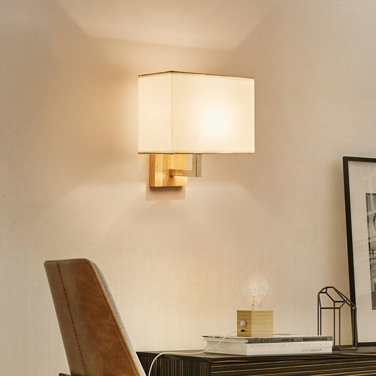 Modern Minimalist Iron Wood Fabric Rectangular 1-Light Wall Sconce Lamp For Bedroom
