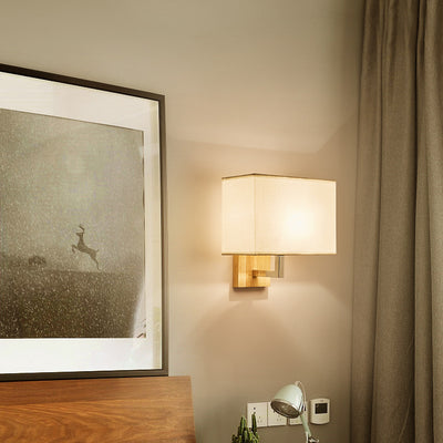 Modern Minimalist Iron Wood Fabric Rectangular 1-Light Wall Sconce Lamp For Bedroom