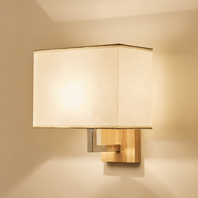 Modern Minimalist Iron Wood Fabric Rectangular 1-Light Wall Sconce Lamp For Bedroom
