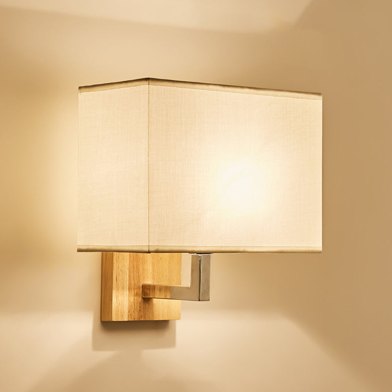 Modern Minimalist Iron Wood Fabric Rectangular 1-Light Wall Sconce Lamp For Bedroom