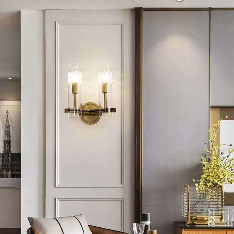 Modern Luxury Brass Glass Cylindrical Candelabra 1/2-Light Wall Sconce Lamp For Living Room