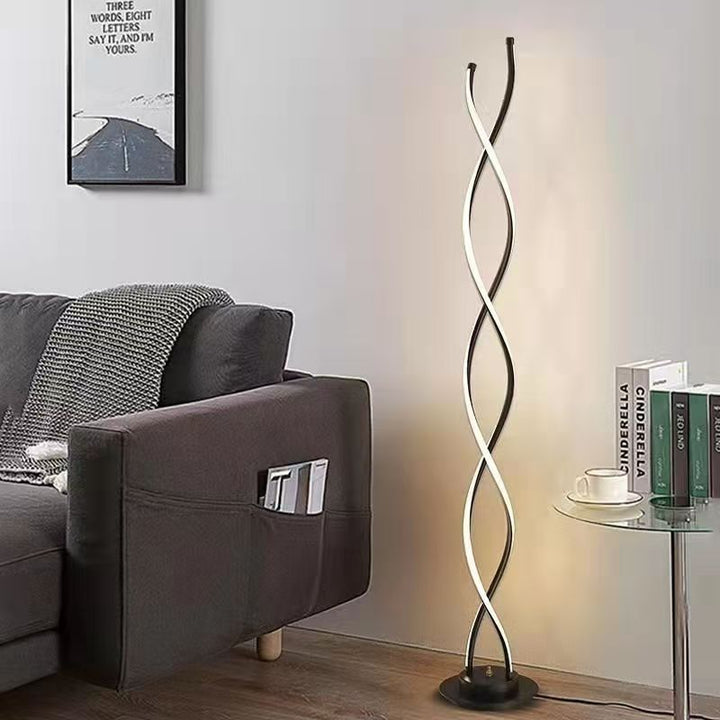 Lampe de sol LED en spirale contemporaine en aluminium, acier au carbone et silicone pour chambre et salon 