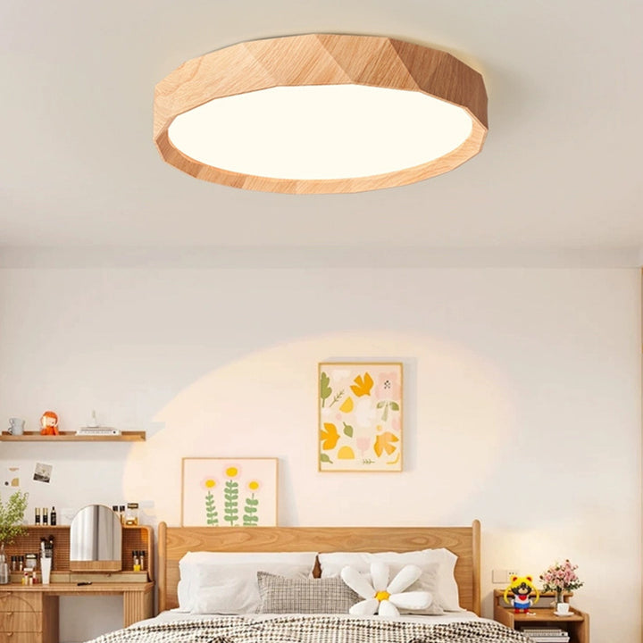 Modern Minimalist Rubber Wood &amp; Acrylic Geometric Round LED Flush Mount Ceiling Light For Bedroom And Living Room