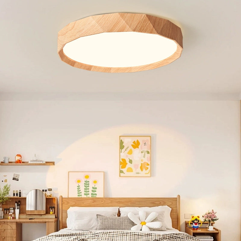 Modern Minimalist Rubber Wood & Acrylic Geometric Round LED Flush Mount Ceiling Light For Bedroom And Living Room