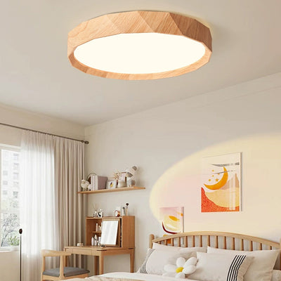 Modern Minimalist Rubber Wood & Acrylic Geometric Round LED Flush Mount Ceiling Light For Bedroom And Living Room