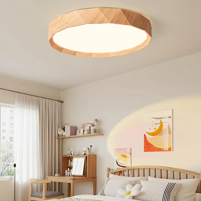Modern Minimalist Rubber Wood & Acrylic Geometric Round LED Flush Mount Ceiling Light For Bedroom And Living Room