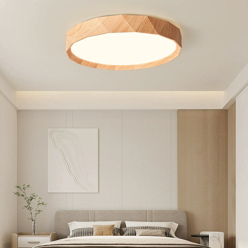 Modern Minimalist Rubber Wood &amp; Acrylic Geometric Round LED Flush Mount Ceiling Light For Bedroom And Living Room