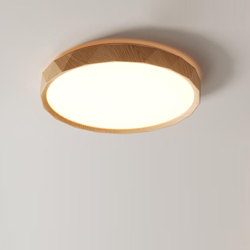 Modern Minimalist Rubber Wood & Acrylic Geometric Round LED Flush Mount Ceiling Light For Bedroom And Living Room