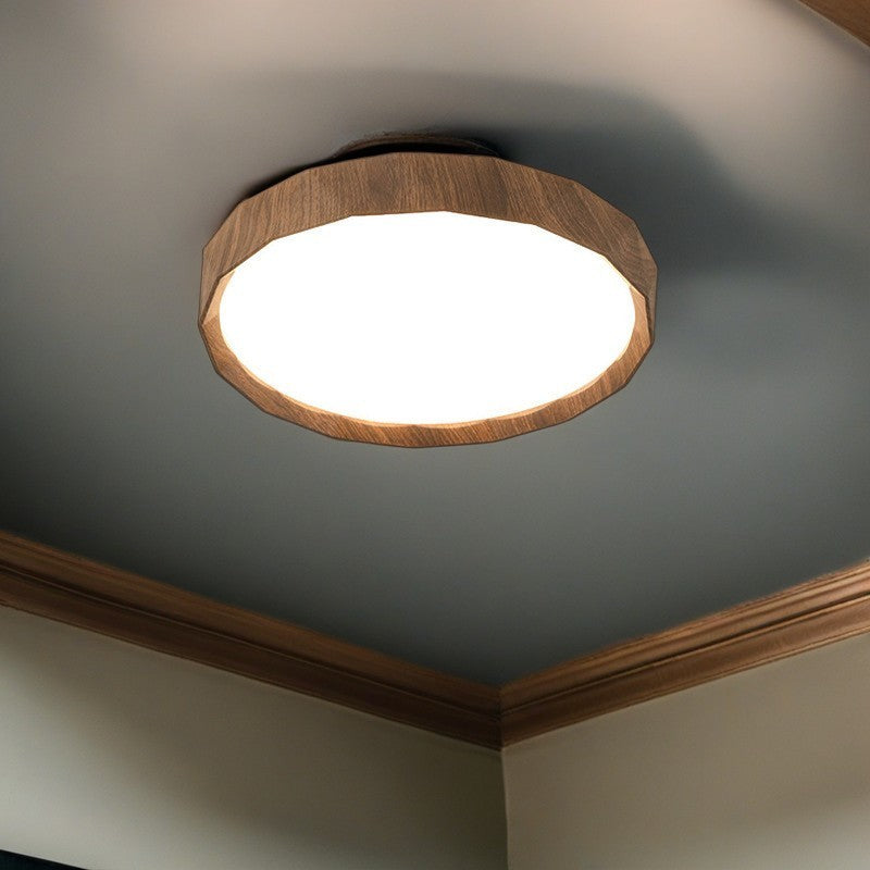 Modern Minimalist Rubber Wood & Acrylic Geometric Round LED Flush Mount Ceiling Light For Bedroom And Living Room