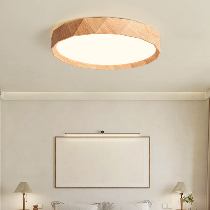 Modern Minimalist Rubber Wood & Acrylic Geometric Round LED Flush Mount Ceiling Light For Bedroom And Living Room