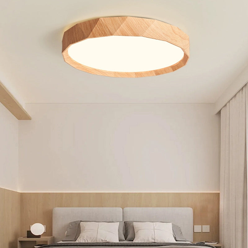 Modern Minimalist Rubber Wood & Acrylic Geometric Round LED Flush Mount Ceiling Light For Bedroom And Living Room