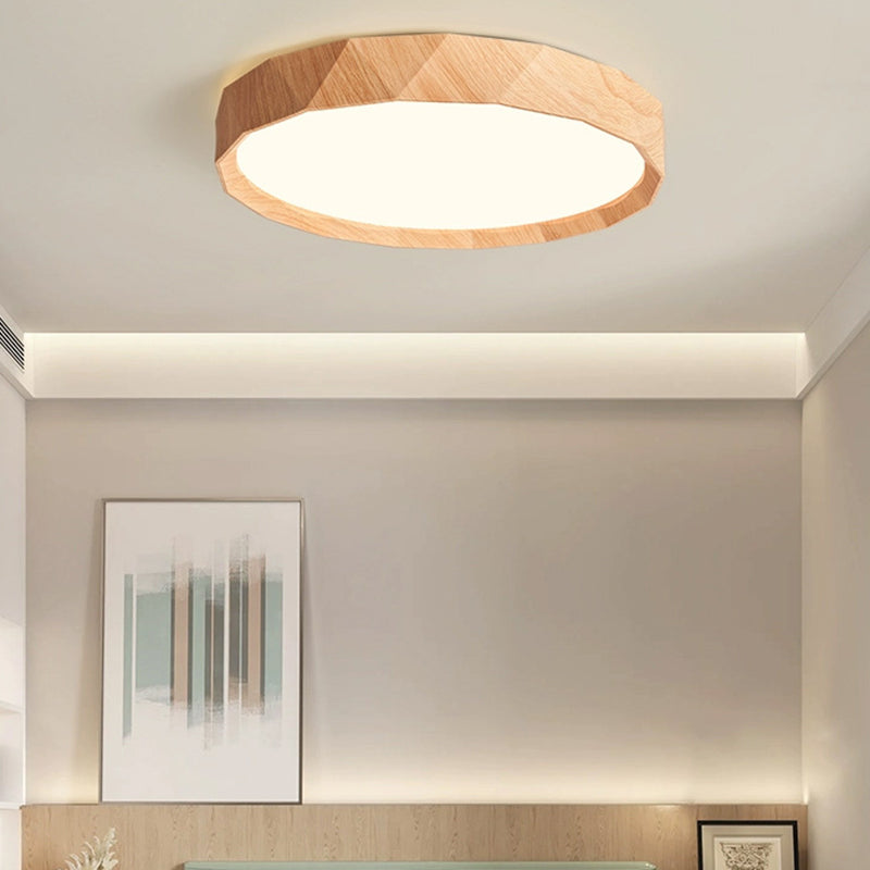 Modern Minimalist Rubber Wood & Acrylic Geometric Round LED Flush Mount Ceiling Light For Bedroom And Living Room