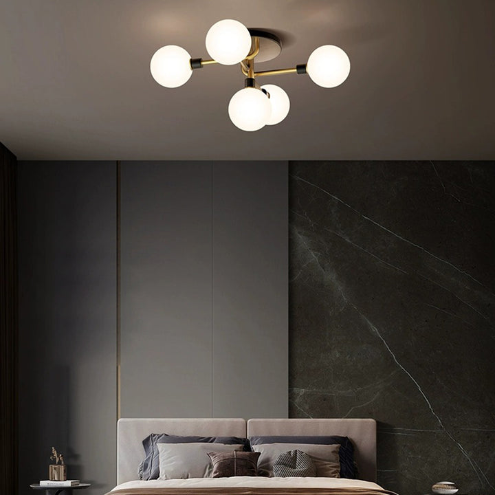 Contemporary Creative Brass &amp; Glass Curved Round 5-Light Semi-Flush Mount Ceiling Light For Bedroom And Living Room