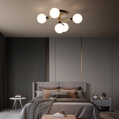 Contemporary Creative Brass & Glass Curved Round 5-Light Semi-Flush Mount Ceiling Light For Bedroom And Living Room