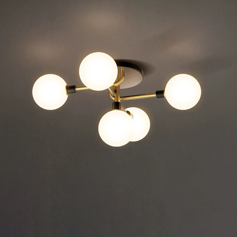 Contemporary Creative Brass & Glass Curved Round 5-Light Semi-Flush Mount Ceiling Light For Bedroom And Living Room