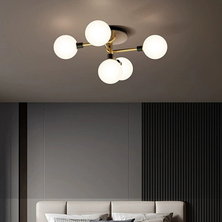 Contemporary Creative Brass &amp; Glass Curved Round 5-Light Semi-Flush Mount Ceiling Light For Bedroom And Living Room
