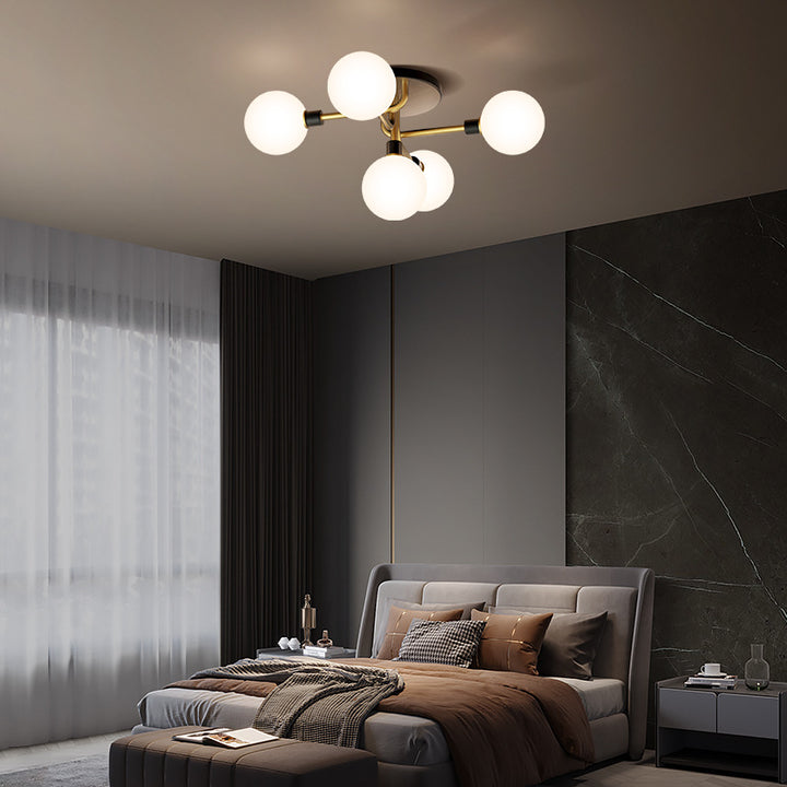Contemporary Creative Brass &amp; Glass Curved Round 5-Light Semi-Flush Mount Ceiling Light For Bedroom And Living Room
