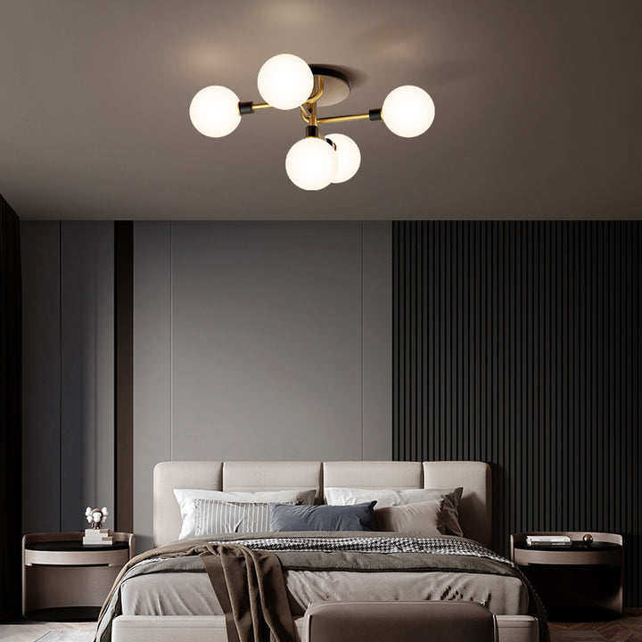 Contemporary Creative Brass &amp; Glass Curved Round 5-Light Semi-Flush Mount Ceiling Light For Bedroom And Living Room