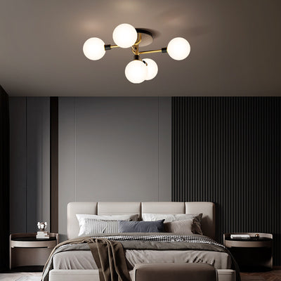 Contemporary Creative Brass & Glass Curved Round 5-Light Semi-Flush Mount Ceiling Light For Bedroom And Living Room