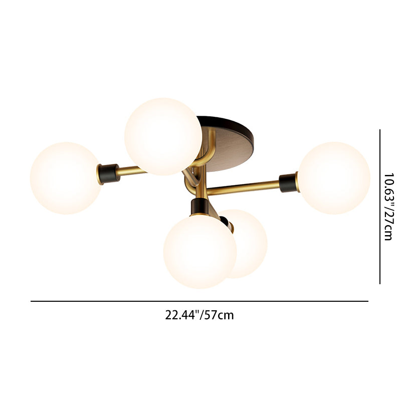 Contemporary Creative Brass & Glass Curved Round 5-Light Semi-Flush Mount Ceiling Light For Bedroom And Living Room