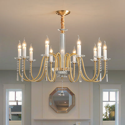 Traditional French Brass & Crystal Candle-Style 6/8/10-Light Chandelier For Bedroom, Living Room, Dining Room