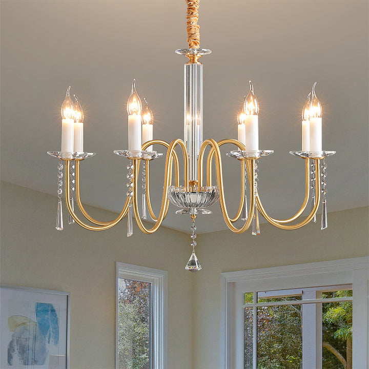 Traditional French Brass &amp; Crystal Candle-Style 6/8/10-Light Chandelier For Bedroom, Living Room, Dining Room