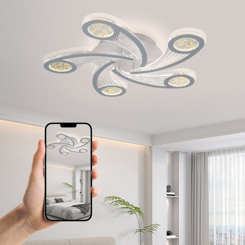 Contemporary Creative Metal & Acrylic Windmill Round LED Semi-Flush Mount Ceiling Light For Bedroom Living Room